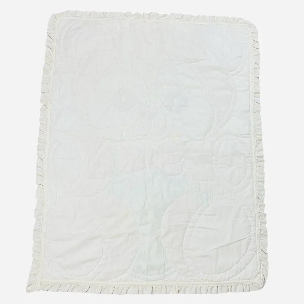 Vintage Quilted Teddy Bear Lace Trim Blanket 46 x 35 Nursery Baby Cute Kawaii -